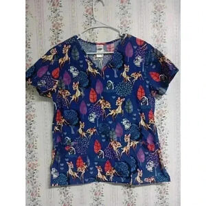 Women's Disney Scrub Top M Blue Bambi Thumper Nurse Medical Short Sleeve V Neck